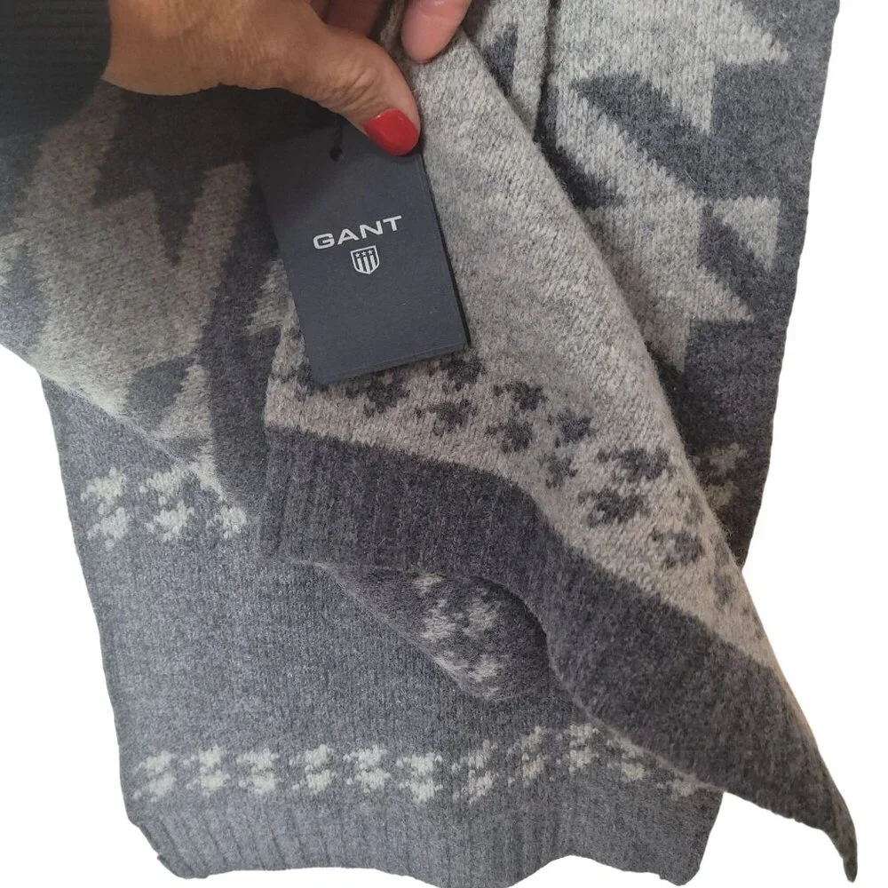 Gant Men's Houndstooth Scarf Gray 100% Lambswool Classic Winter Accessory